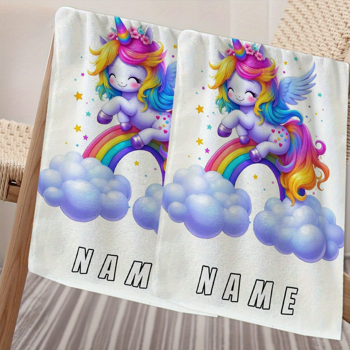 TEMU 1pc, Name Customization, Cartoon Style Unicorn Pattern Cartoon Anime Towel, Striped Design, Bathroom Towel, Absorbent Quick-dry Towel, Nordic