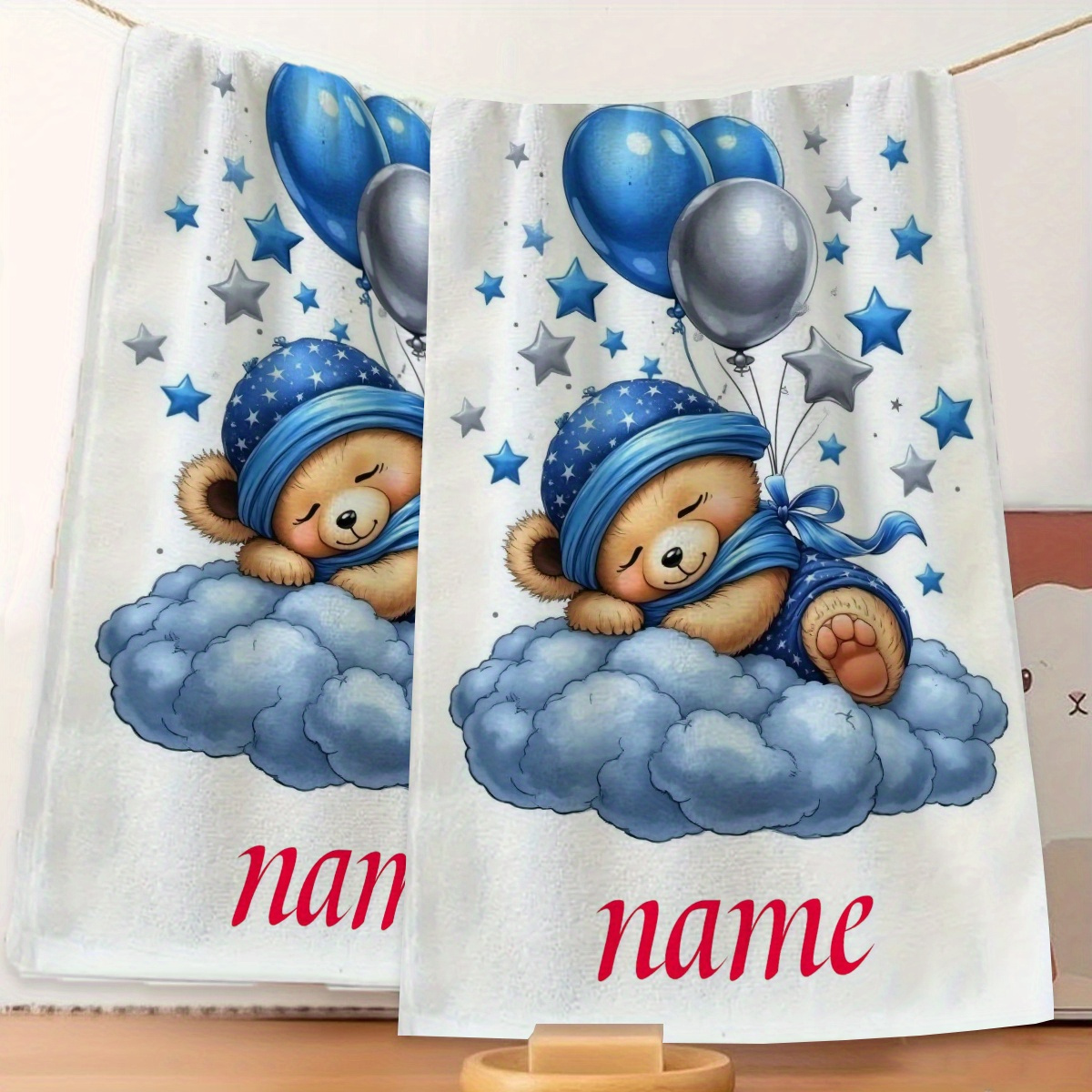 TEMU 1pc, Custom Name, Cartoon Style Teddy Bear Pattern Anime Towel, Striped Design, Bathroom Towel, Absorbent Quick-dry Towel, Nordic Minimalist