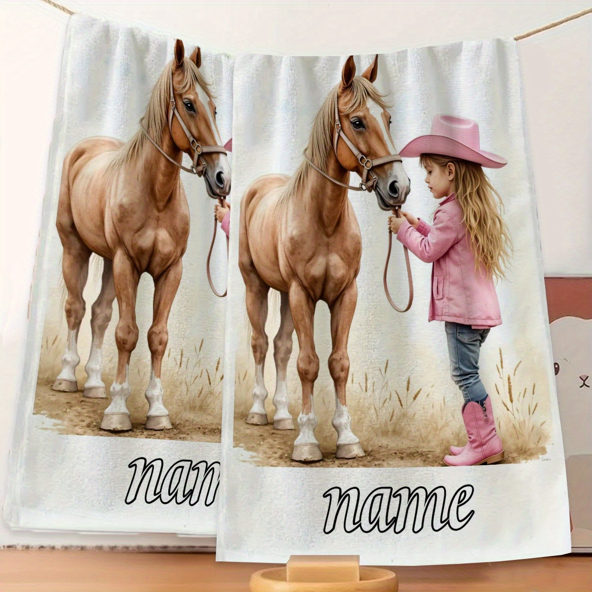 TEMU 1pc Custom Name Watercolor Horse Pattern Cartoon Anime Towel, Striped Design, Bathroom Towel, Absorbent Towel, Nordic Minimalist Style, Suitable