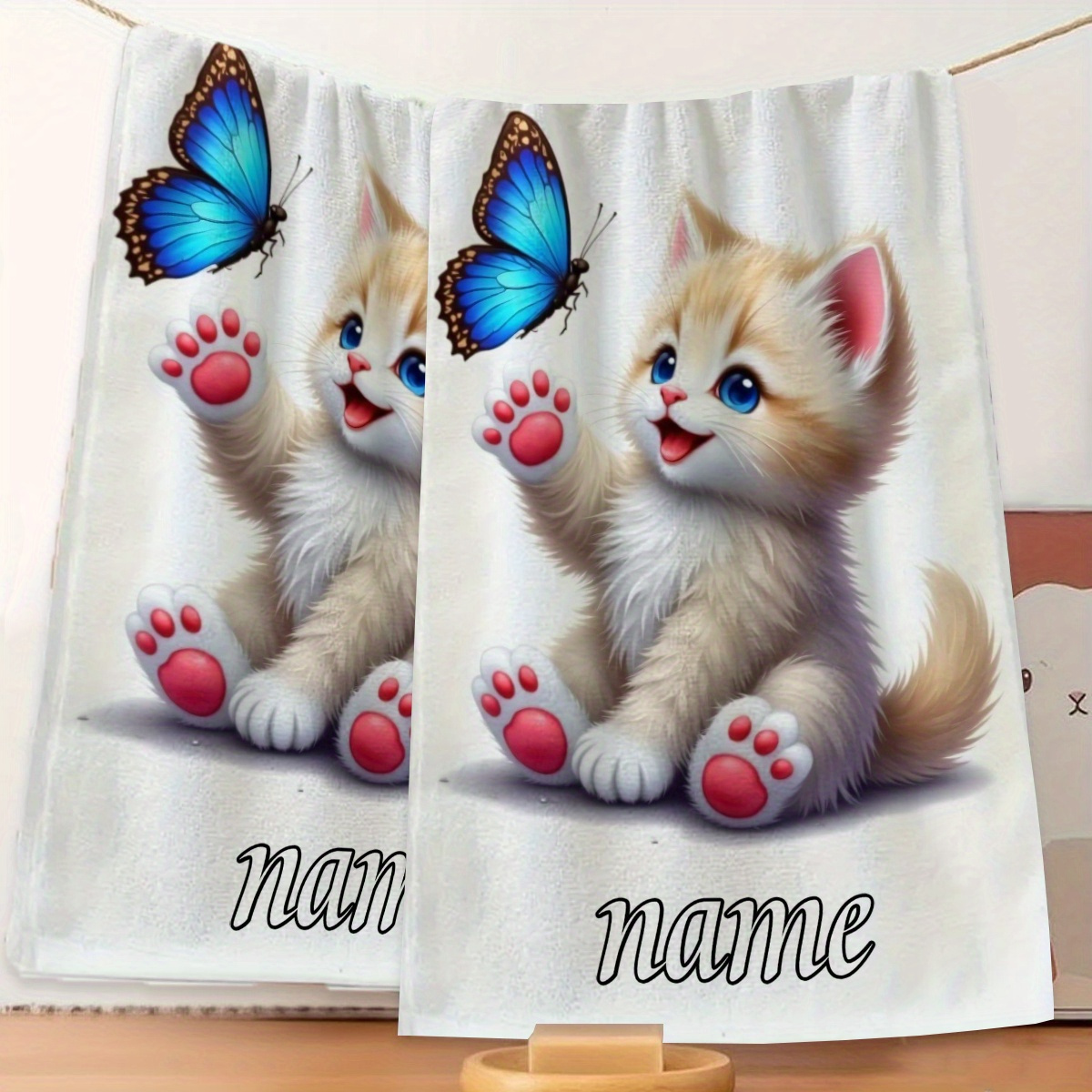 TEMU 1pc, Custom Name, Cartoon Cat Pattern Cartoon Anime Towel, Striped Design, Bathroom Towel, Quick-drying Absorbent Towel, Nordic Minimalist Style