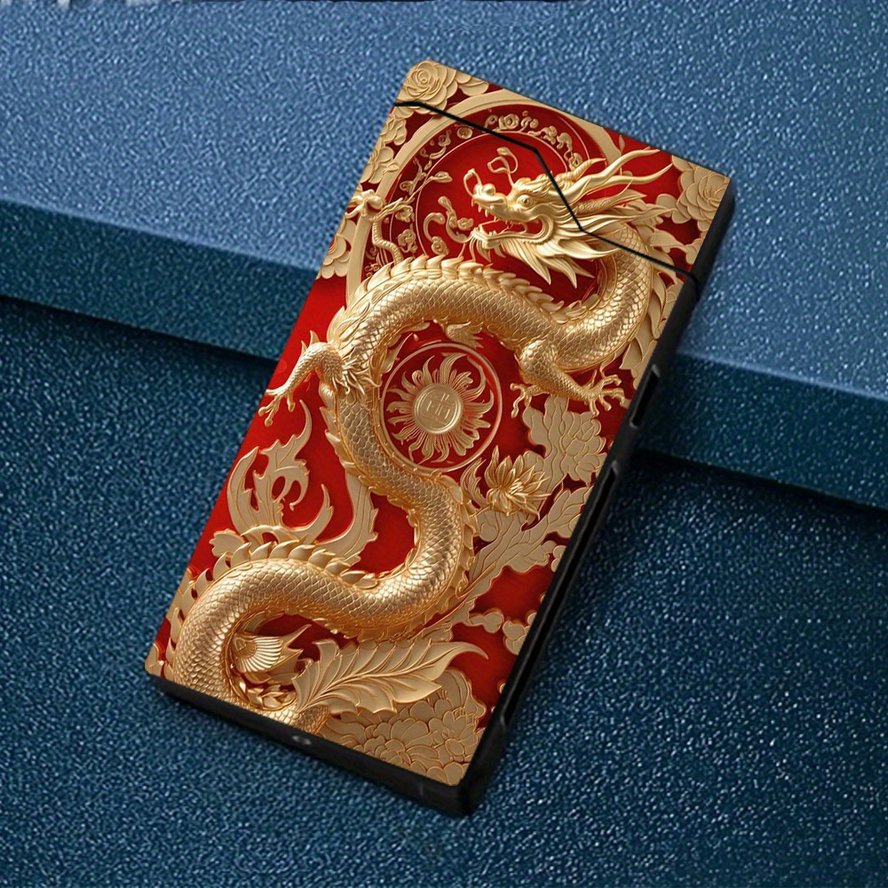 TEMU 1pc Windproof Electric With Golden Dragon Pattern, Electronic Lighter, Windproof Lighter, Metal Casing, Power Display, Type-c Charging Lighter,