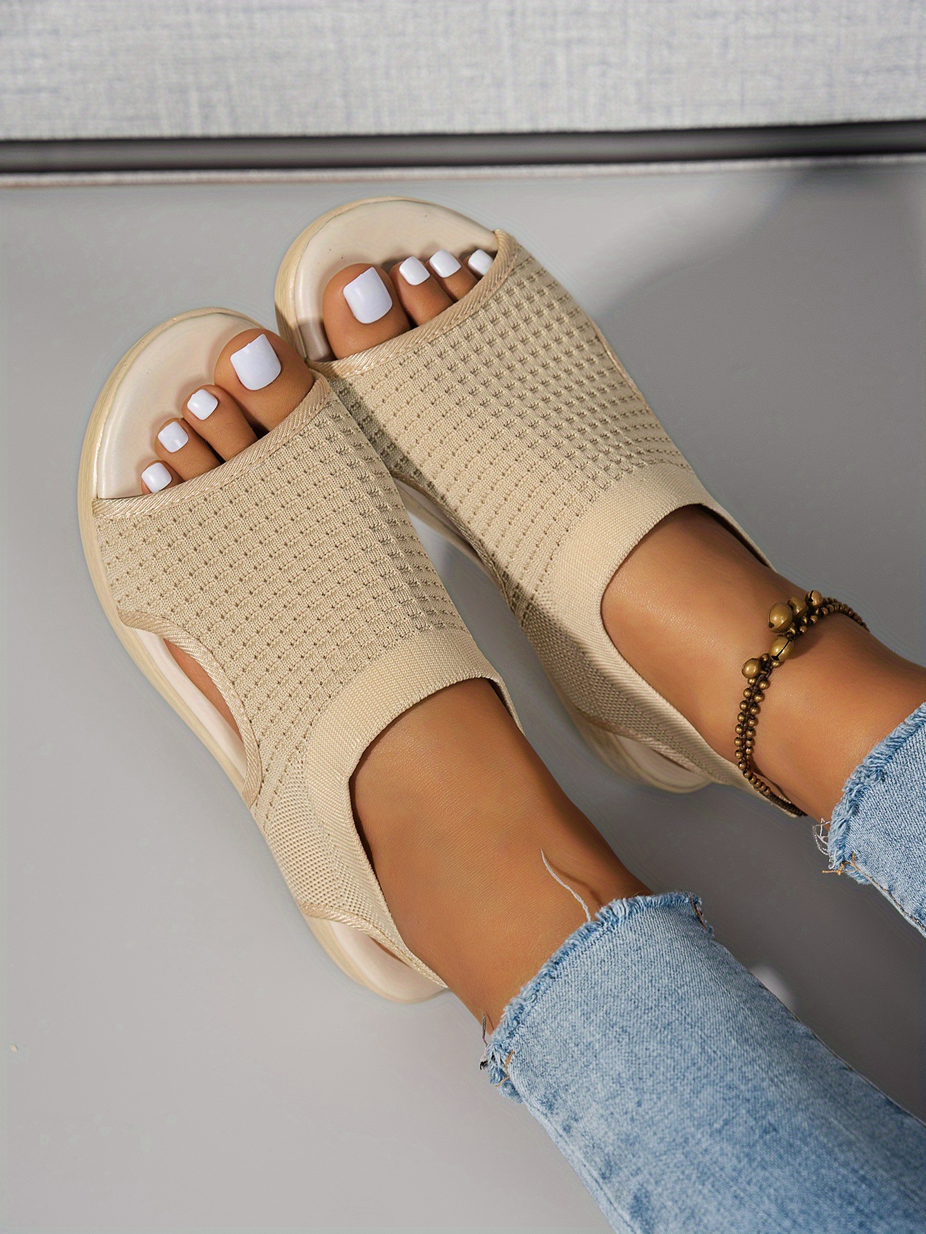   womens summer casual platform sandals open toe breathable knit fabric with elastic ankle strap thick cushioned pu sole for beach casual attire casual attire beach footwear comfortable footwear Product details 2