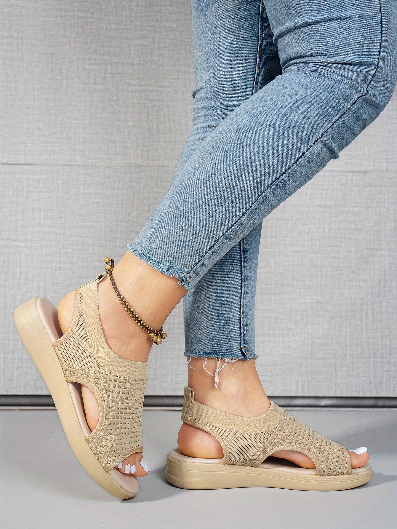   womens summer casual platform sandals open toe breathable knit fabric with elastic ankle strap thick cushioned pu sole for beach casual attire casual attire beach footwear comfortable footwear Product details 1