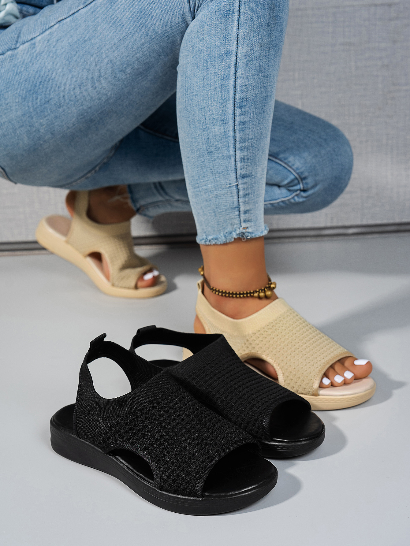   womens summer casual platform sandals open toe breathable knit fabric with elastic ankle strap thick cushioned pu sole for beach casual attire casual attire beach footwear comfortable footwear Product details 0