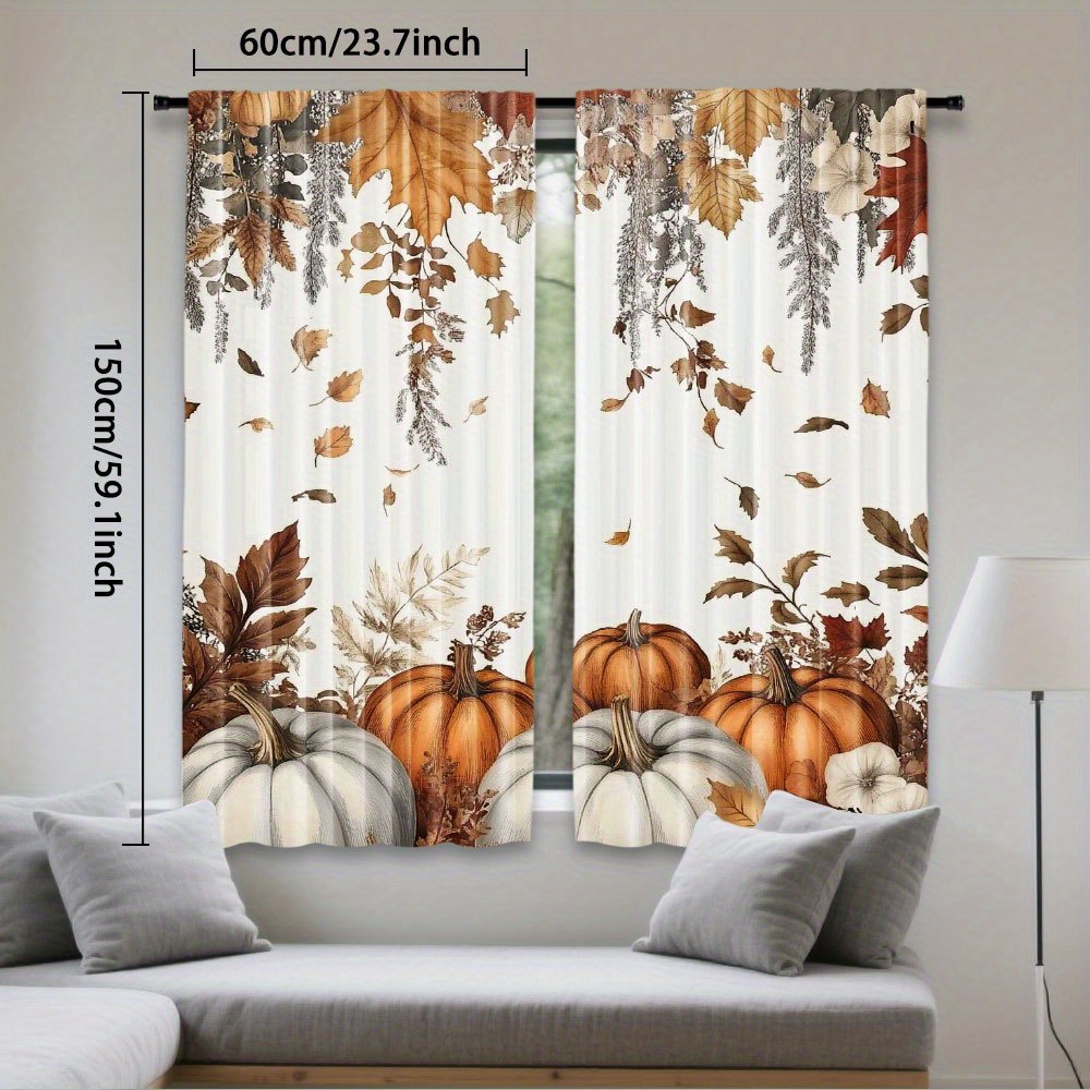 TEMU 2pcs, Autumn Pumpkin Floral Fall Leaves Printing Autumn Curtain With Rod , Kitchen Curtain With Seasonal Theme, Decorative Drapes Ideal For