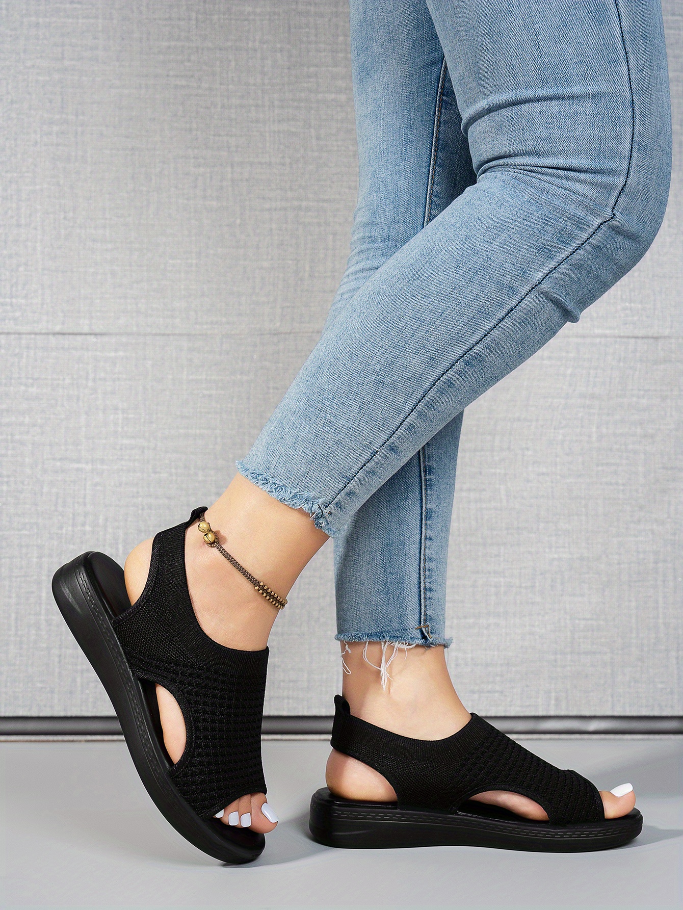   womens summer casual platform sandals open toe breathable knit fabric with elastic ankle strap thick cushioned pu sole for beach casual attire casual attire beach footwear comfortable footwear Product details 9