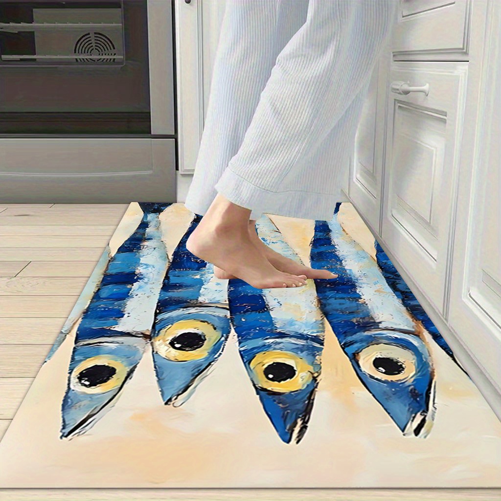 TEMU 1pc Kitchen Mat, Modern Artistic Fish Pattern, Comfortable Non-slip Machine Washable, -like Texture, Suitable For Kitchen/bathroom, , Halloween,
