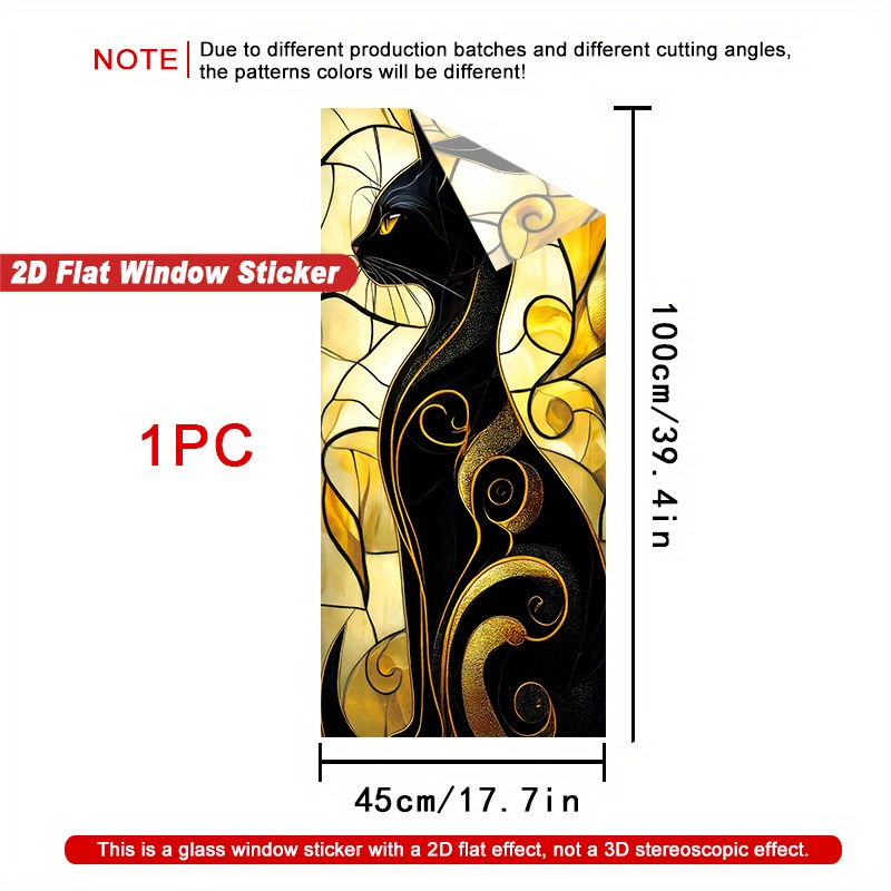 TEMU 2d Flat, 1pc 2d Flat Window Sticker, Artistic Black Cat Design Pattern, 17.7×39.4 Inch, Detachable & Reusable, , For Privacy & Decoration,