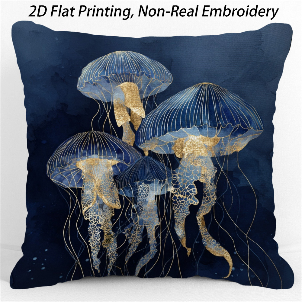 TEMU 1pc Navy Blue & Golden Jellyfish Decorative Pillow Cover - Double-sided Printed Cushion Case With Zip Closure, Machine Washable - For Halloween,