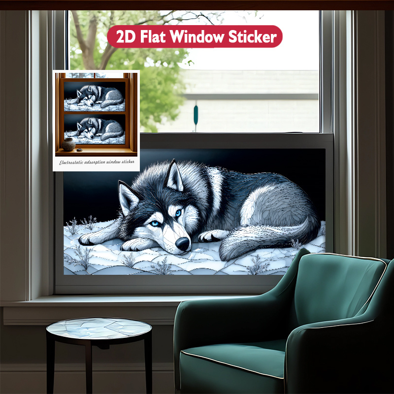 TEMU 2d Flat - 2d Flat - 2d Horizontal Flat Window Sticker Featuring A Resting Wolf On Snowy Ground, Designed For With Electrostatic , No Glue