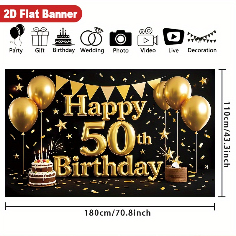 Image of 2d Flat, 2d Flat - 2d Flat, 2d Flat - 1pc 2d Flat Banner Black And Golden 50th Birthday Backdrop, Multifunctional Indoor/outdoor Decoration, Elegant Polyester Material, 70.8×43.3 Inch