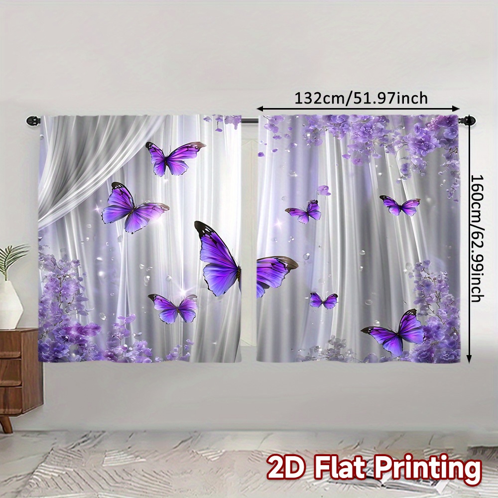 TEMU 2pcs Elegant Purple Window Curtains - Semi- Filtering Window Drapes With Lavender Patterns, -like Window Treatments For Living Room, Bedroom,