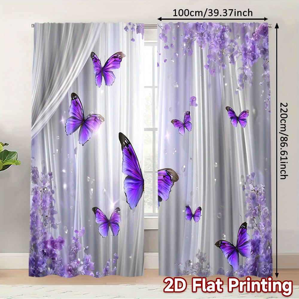 TEMU 2pcs Elegant Purple Window Curtains - Semi- Filtering Window Drapes With Lavender Patterns, -like Window Treatments For Living Room, Bedroom,