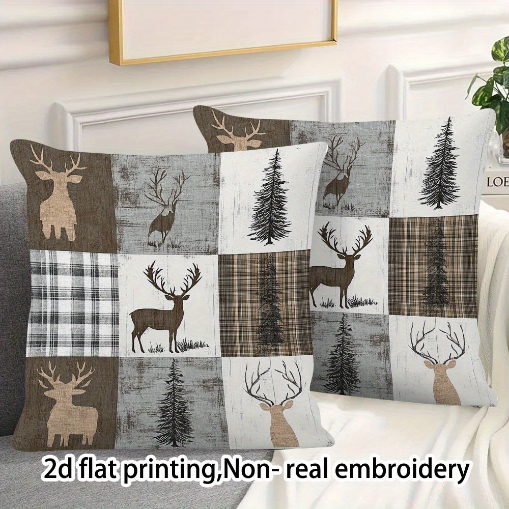 TEMU 2pcs 18x18inch Fall Decorative Pillow Covers, Gray & Brown Pillow Cover - Deer, Arrows, Pine Trees & Plaid, Boho Autumn Suitable For Home
