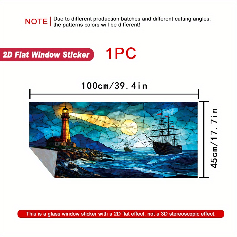TEMU 2d Flat, 1pc 2d Pvc Lighthouse And Ships On Ocean Halloween Horizontal Flat Window Sticker, Heat Removable No Glue Needed, Horror Style Window
