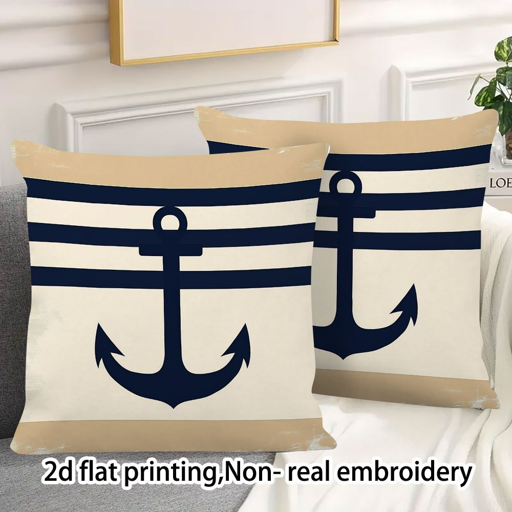 TEMU 2d Flat - Set Of 2 Decorative Pillow Covers Measuring 18x18 Inches, Featuring An Anchor Design On A Striped Background In Beige And Navy. This