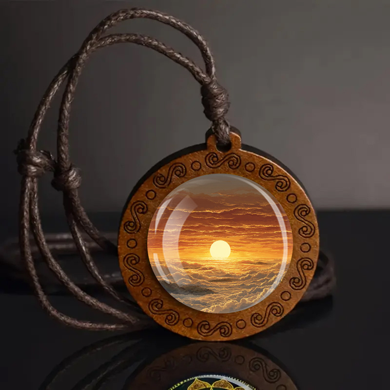 TEMU Collier pendentif en bois vintage bohème avec incrustation de verre - Corde ajustable, scène océanique au coucher , idéal pour un et cadeau ,