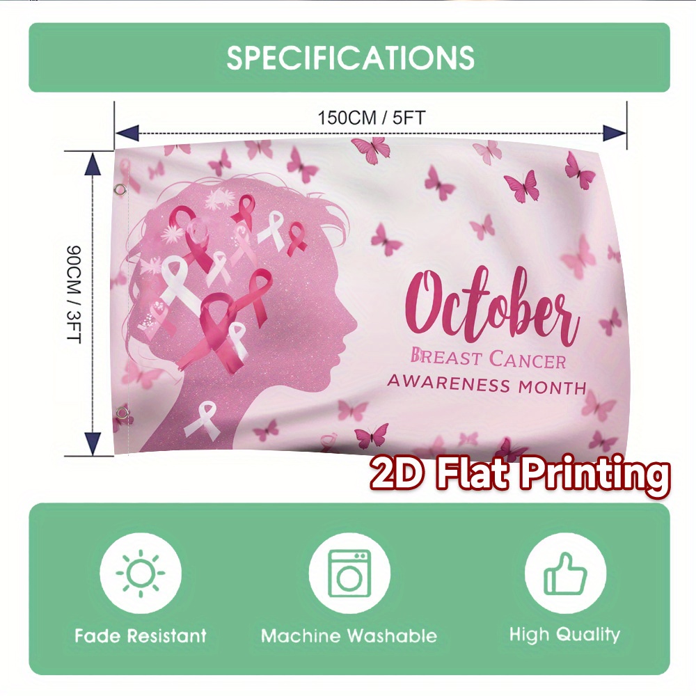 TEMU Drapeau de Jardin 2D Plat, Impression 2D Plat, 1 Pièce, Sensibilisation au du Sein en Octobre, 150×90 cm ( Hampe) pour Jardin, Clubs, Concerts,