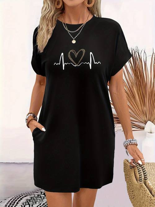 womens elegant longline t shirt with ecg heartbeat leopard print design round neck short sleeve top with pockets machine washable casual wear