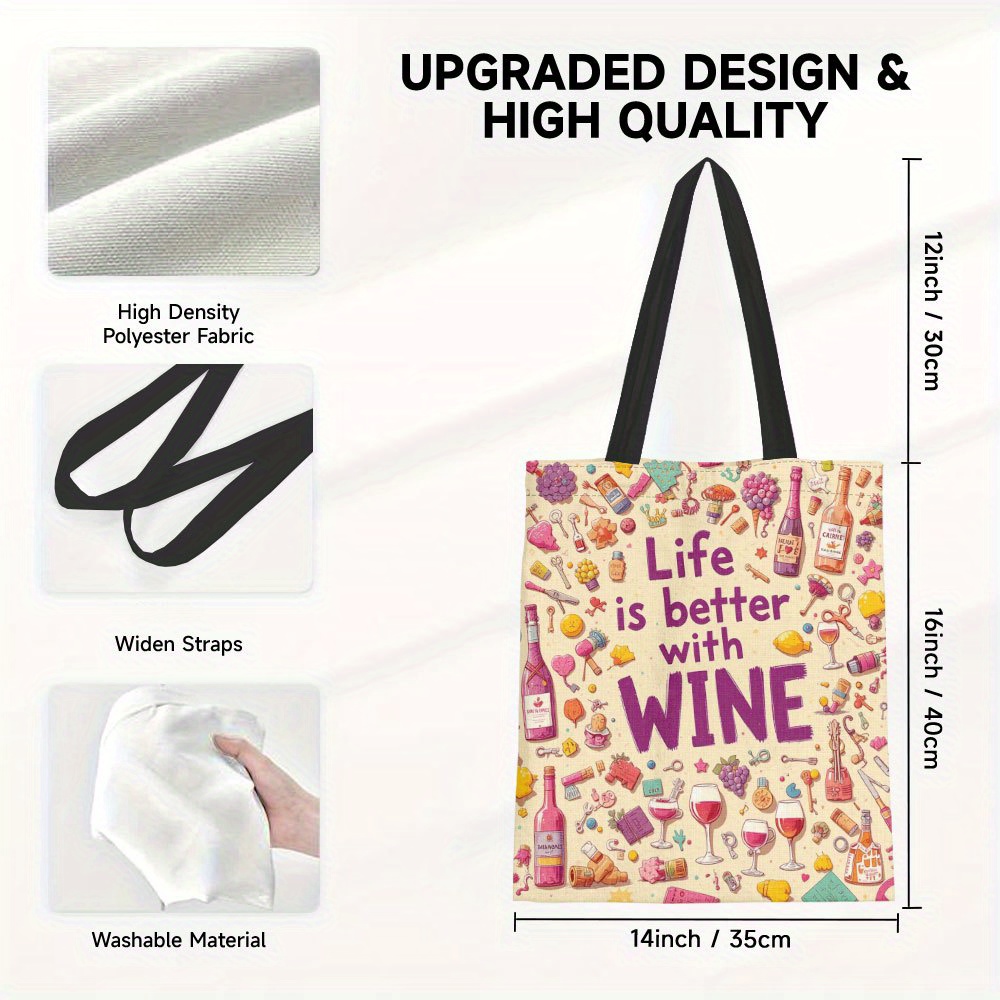 TEMU 1pc Women' Wine Life Art Print Tote Bag - Elegant Wine & Grape, Lightweight Reusable Grocery Bag, With Wine Theme For Shopping, Gift For Mother'