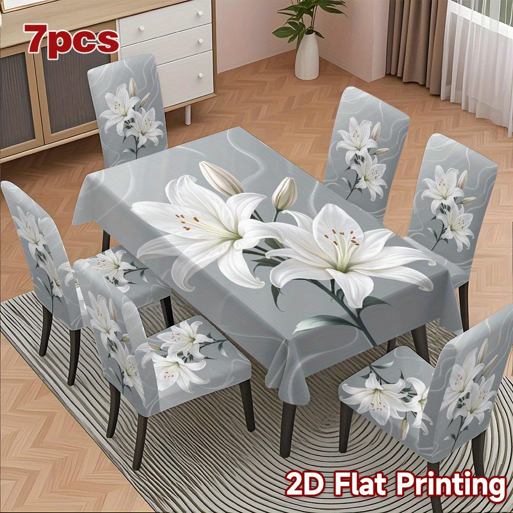 TEMU 5pcs/7pcs 2d Flat Printing Printed Tablecloth And Chair Cover Set Elegant White Lilies Pattern Chic Tablecloth And Chair Cover Of Comfortable