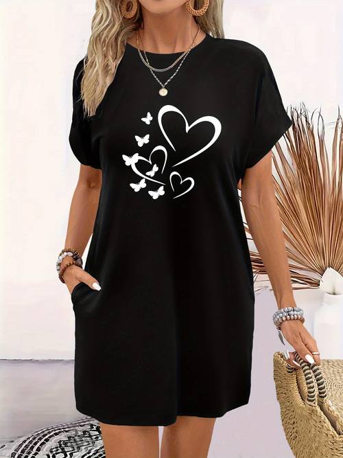 womens elegant longline t shirt with heart print round neck short sleeve top side pockets casual to formal wear machine washable