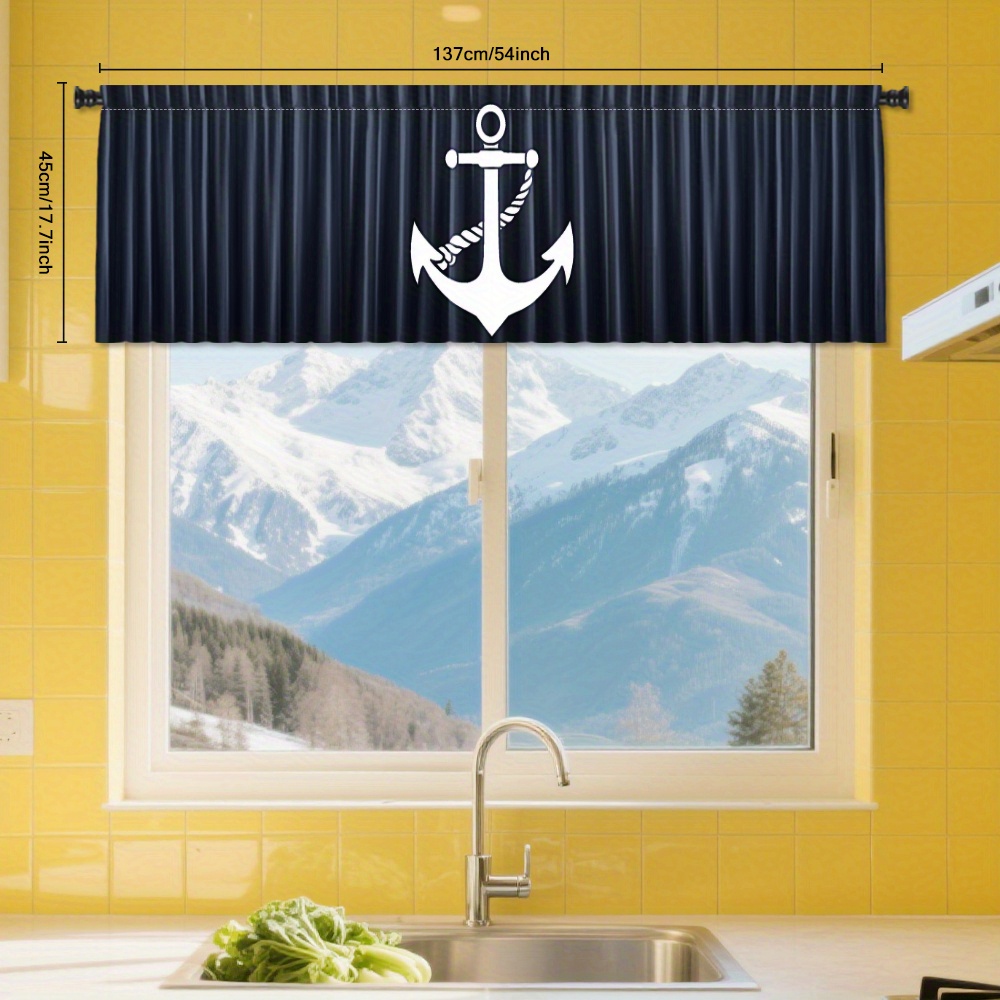 TEMU 1pc, Valance Curtain, Nautical Anchor Dark Blue Pattern, Light Filtering, Rod For Kitchen, Bedroom, Living Room, Office, Study, Or Outdoor Use,