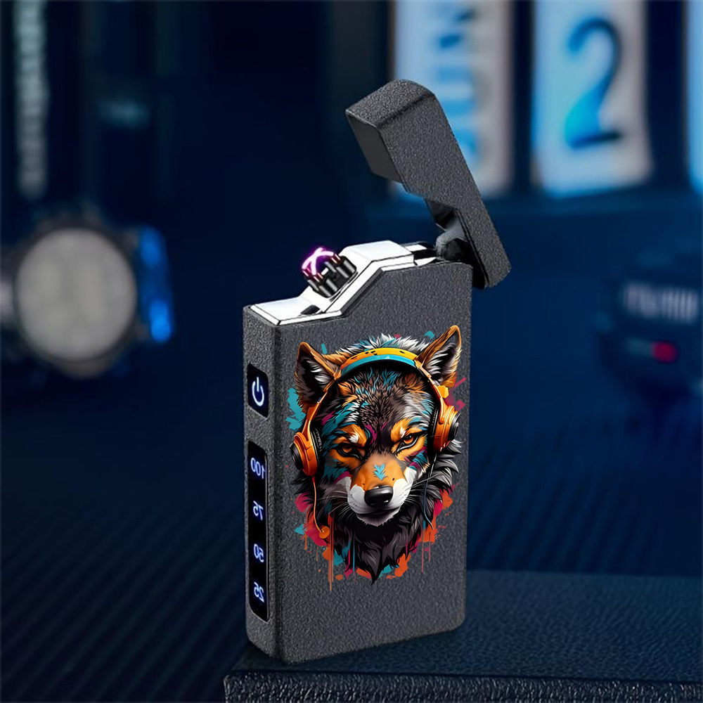 TEMU 1pc Windproof With Headphone-wearing Wolf Design, Trendy , Usb Rechargeable, Dual Arc Flameless Lighter, Metal Shell, Long-lasting Battery, Gift