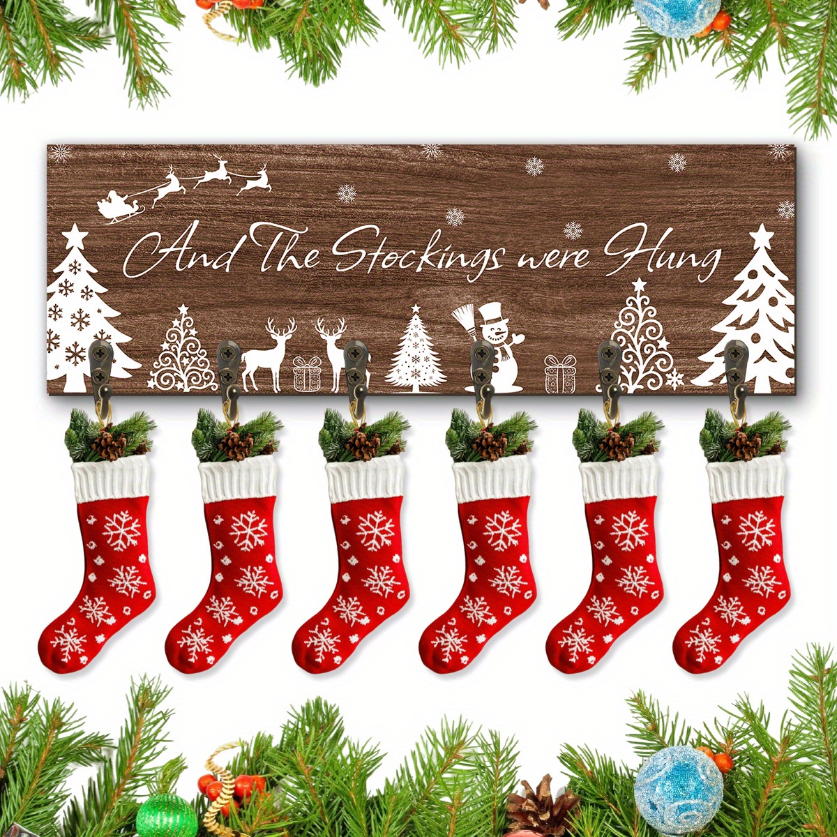TEMU 1pc Christmas Stocking Rack With 6 Hangers - Wooden Wall-mounted Stocking Holder With Elk, Snowman, Reindeer & , Snowflake Accents - Mantel Decor For Stalkings Flung Holiday Decoration