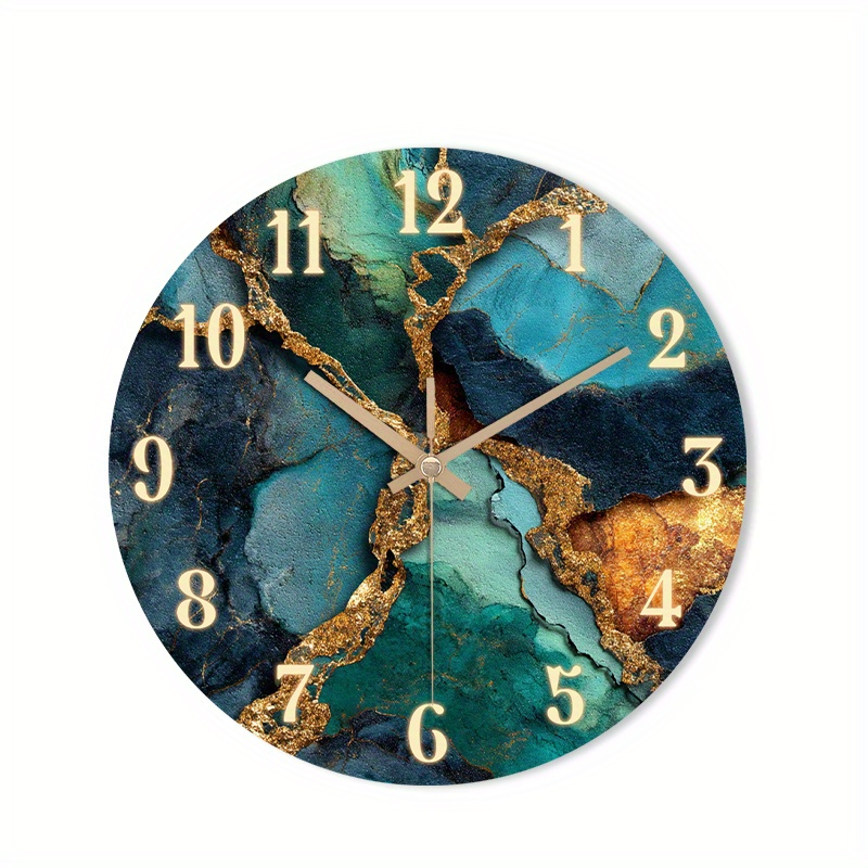 TEMU 1pc Silent Wall Clock Non-ticking Wooden, Decorative Circular Clock Hd Glossy Lamination Finish Abstract Marble Texture Withgoldenaccents Design