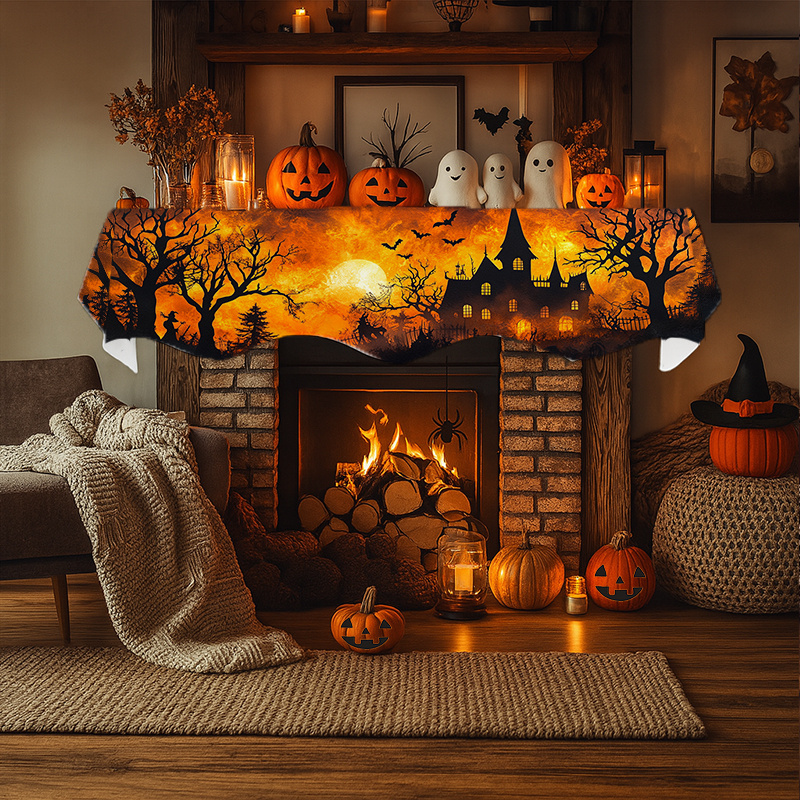 TEMU 1pc Halloween Fireplace Mantel Scarf, Paper Cut Trees Fireplace Scarf Cover, 78.7x19.6 Inch, Perfect For Holiday Decor, Living Room Kitchen