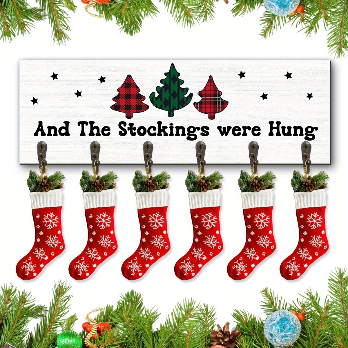 TEMU 1pc Christmas Stocking Rack With 6 Hangers, Stocking Hanging On Wooden Sign Christmas Wall Hanging Sign Wall Hook Rack Decorative Wooden Stocking Hanger For Mantel 3 Christmas Trees With Stars ()