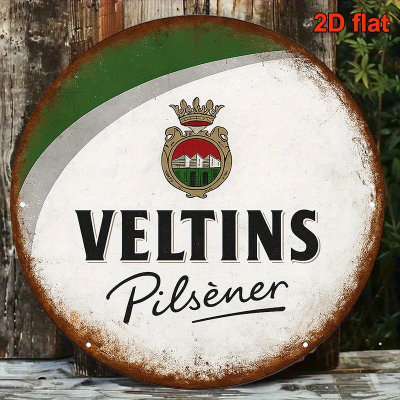 E-shop 2D-Flach, 2D-Flach-Design mit einem Vintage--Bier-Logo – eine 20,32x20,32cm runde 2D-flache Country-Industrial-Wanddeko mit einem deutschen