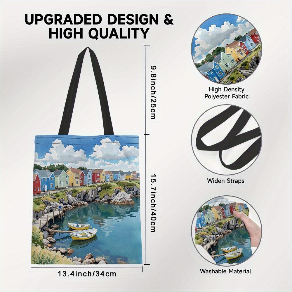 TEMU 1pc Women's Tote Bag - Large Capacity Foldable Shopping Bag With Coastal Village Print (open Design), Machine Washable Lightweight Polyester For