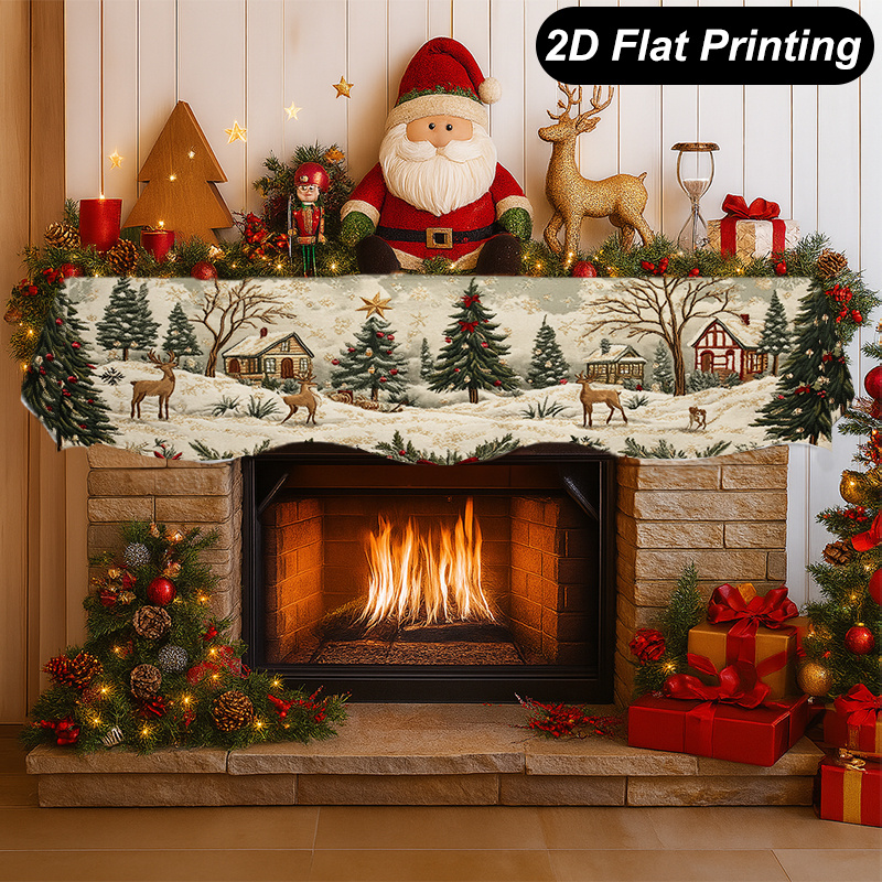TEMU 1pc Christmas Houses Trees Deer Fireplace Scarf Mantel Cover Xmas Table Runner Rectangular Festive Room Decor For Christmas Decor