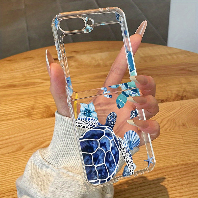 TEMU Turtles And Floral Pattern Clear Phone Case Suitable For Galaxy Z Flip 7 Z Flip 6 Z Flip 5 Z Flip 4 Z Flip 3 5g Anti-fall Shockproof Folding