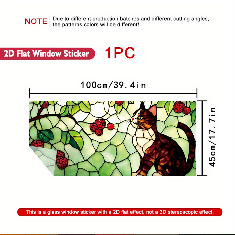 TEMU 2d Flat - 2d Flat - 1pc Of A 2d Flat Window Decal Featuring A Stained Of A Cat Surrounded By Berries, Made From Glue-free And Heat-resistant Pvc