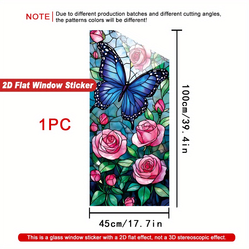 TEMU 2d Flat - 2d Flat - 1pc Of A Blue Design Pink Roses, Featuring 2d Flat Window Decals. Static Cling Stickers Are Perfect For Home Decor, Reused,