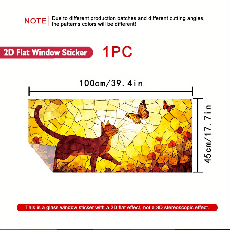 TEMU 2d Flat - 2d Flat - 1pc Of 2d Flat Window Decal Featuring Cat And Stained , Made From Glue-free And Heat-resistant Pvc Film, Ideal For Living