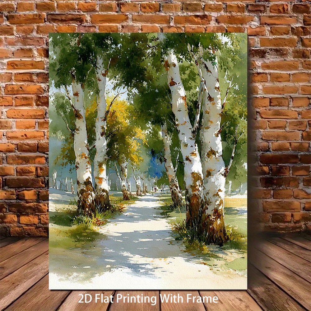 TEMU 1pc, [2d Flat] With Frame, 12x16inch/16x24inch, Birch Watercolor Painting Forest Landscape Nature Art Print Birch Forest Landscape Neutral Art,