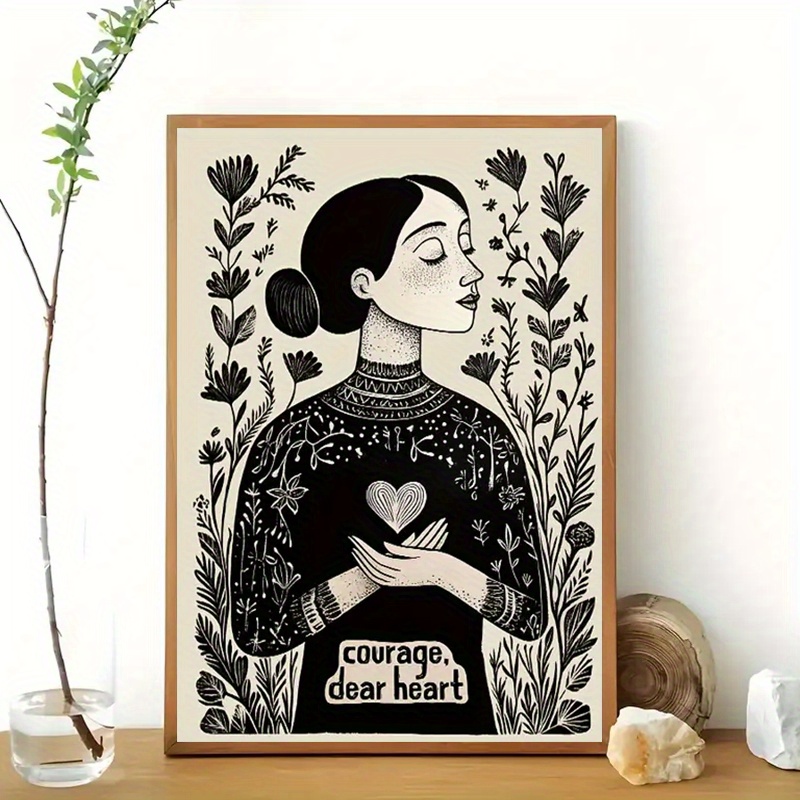 TEMU 2D Platt 1st Ramfri Mod Canvas Konsttryck - Vintage-Inspirerad Väggdekoration med "Mod, Älskande Hjärta" , Svartvitt Illustration, för Hemmet,