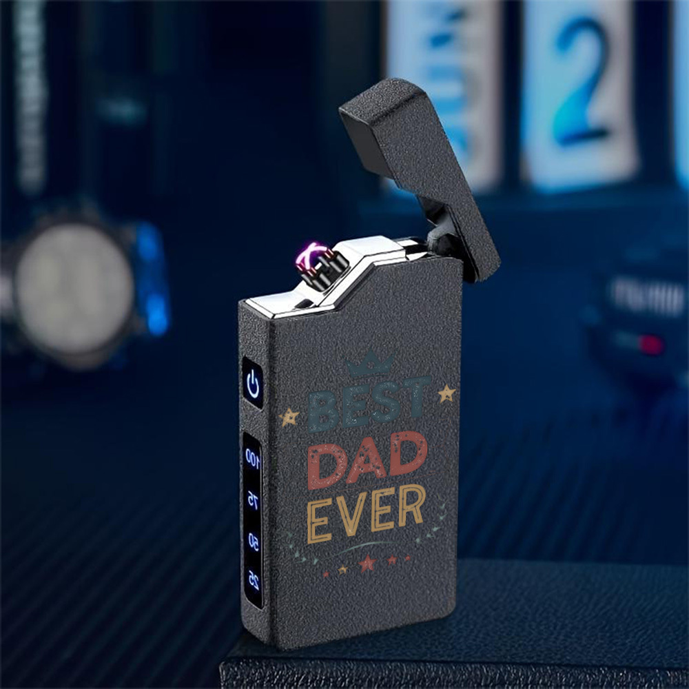 TEMU 1pc Windproof Electric With The Text Best Dad Ever, Retro Style, Usb Rechargeable, Dual Arc, Flameless Lighter, Metal Casing, Battery Display,