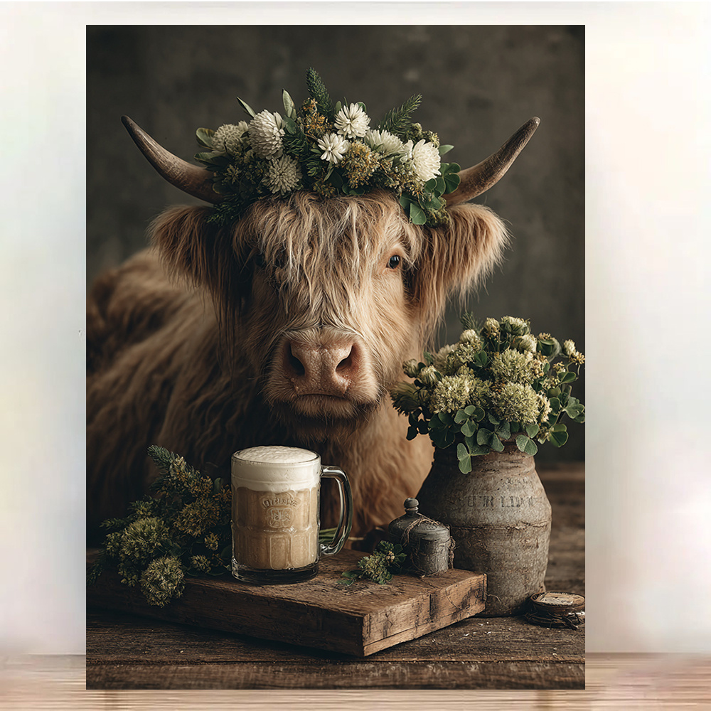 TEMU 1pc Framed Canvas Print - Highland Cow With Floral Wreath, Irish Beer Mug & Rustic Farmhouse Decor - Ready-to-hang , Living Room, Pub Wall Art -