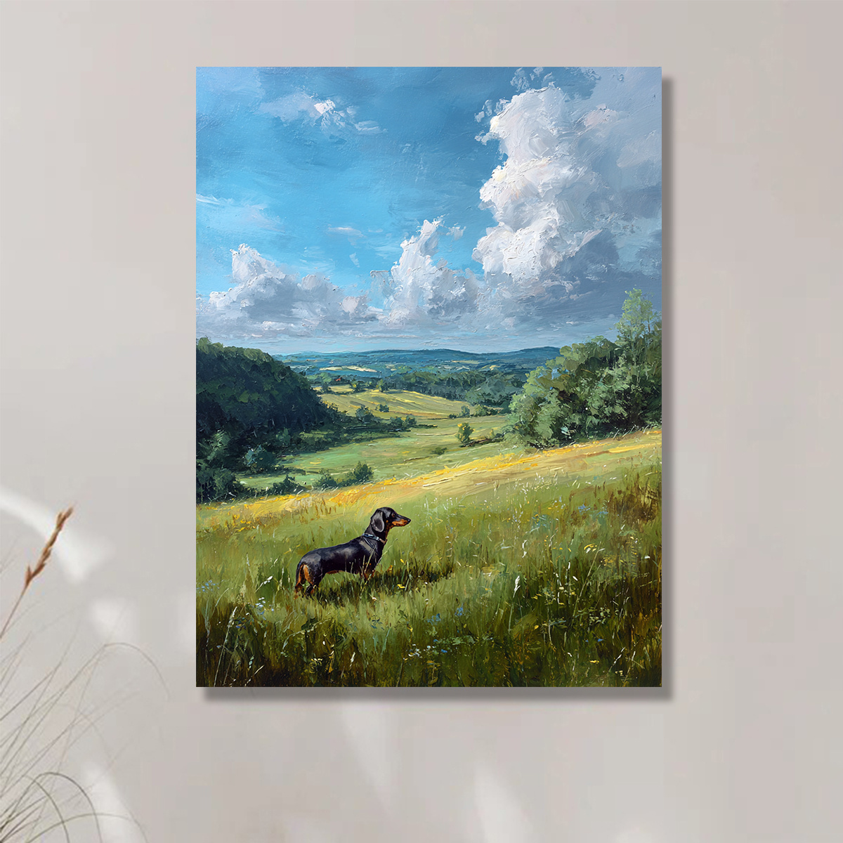 1pc modern canvas painting german short leg dog dachshund landscape art poster   countryside with     frameless minimalist decor canvas print for living room   lover gift 12x16 inches 30x40  hanging hooks included dog decor office artwork countryside artwork vibrant   2d flat 0