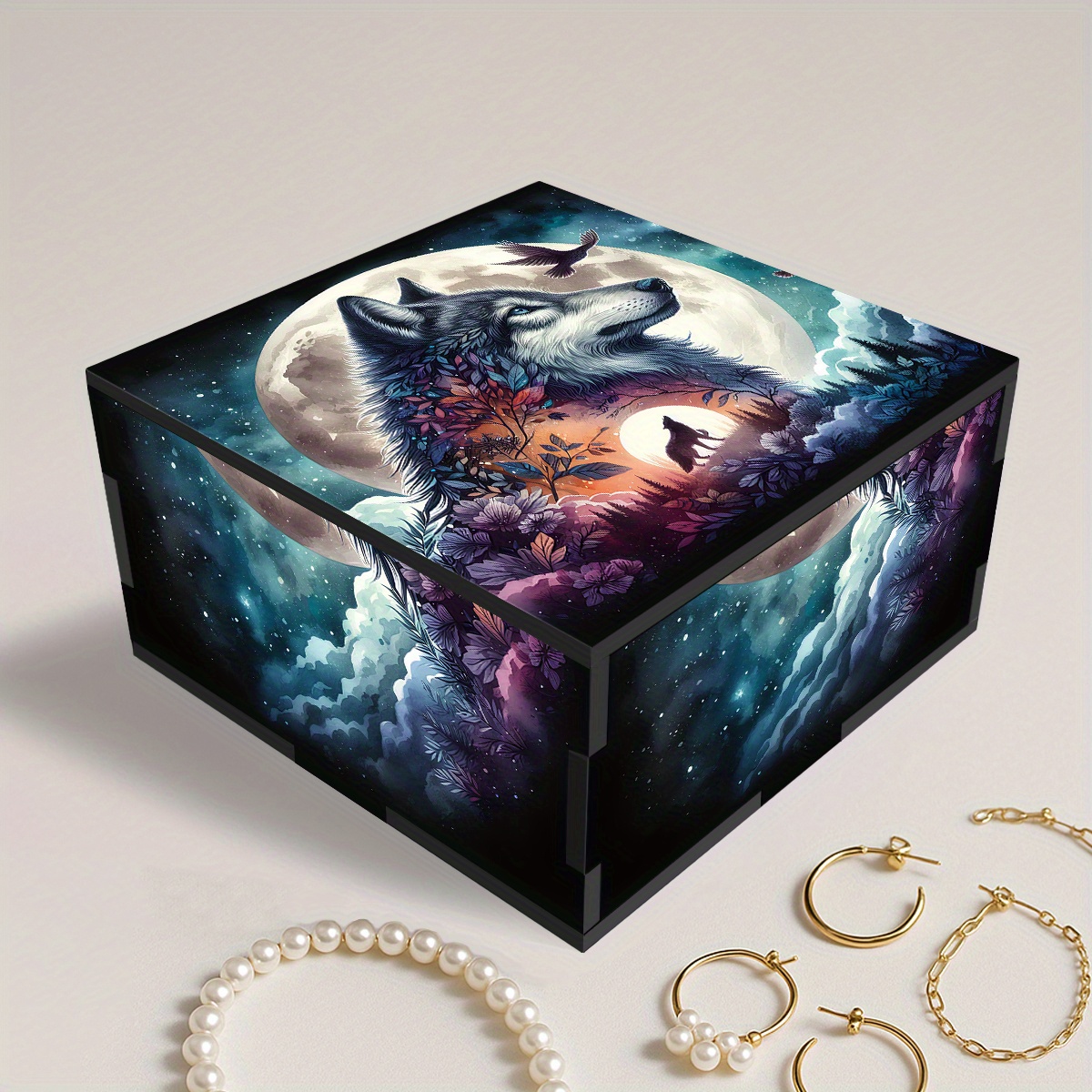 TEMU 1pc Acrylic Splicing Lidded Storage Bin, Stained , Wolf And Forest Themed Jewelry Box, Suitable For Jewelry Small Item Storage Box, Home Storage