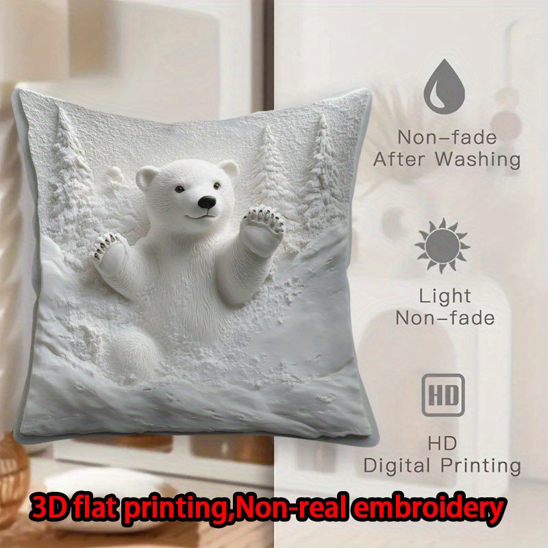 TEMU 2d Flat - 3d Flat Printing 2pcs Short Plush Decoration Single-sided Printing Super Soft Fabric Pillow Cover Polar Bear, Snow Pattern Pillowcase