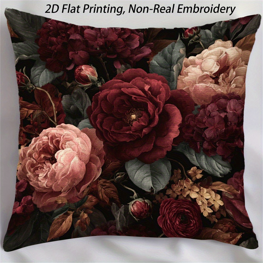 TEMU 1pc Of Burgundy Rose Bunch Decorative Pillow Cover - Polyester Sofa Cushion Case Featuring A Zipper Closure, Non-real Embroidery, Machine