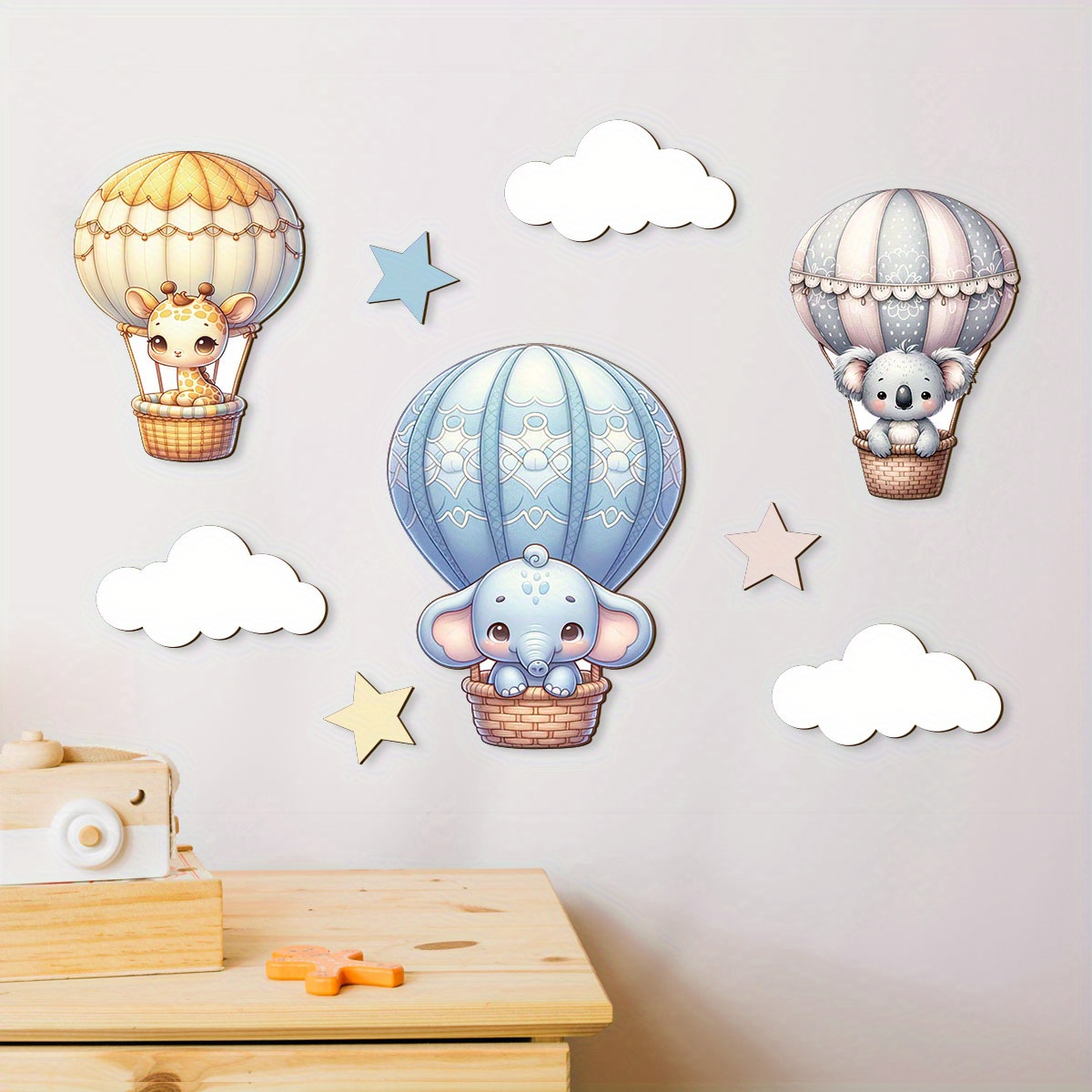 TEMU 9pcs Hot Air Balloon Wooden Wall Plaques With Cloud And Star Wall Decor, Small Animals Sitting On Hot Air Balloon Pattern, Perfect Gift For