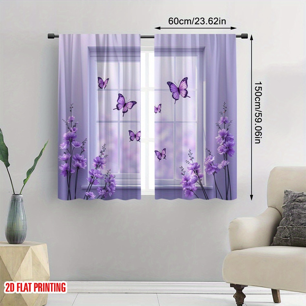 TEMU 2D Plat, 2pcs Rideaux de Fenêtre Imprimés 2D Papillons Violets Volant à l'Extérieur Style Moderne Polyester Électricité 0 pour Bureau, 2D Plat