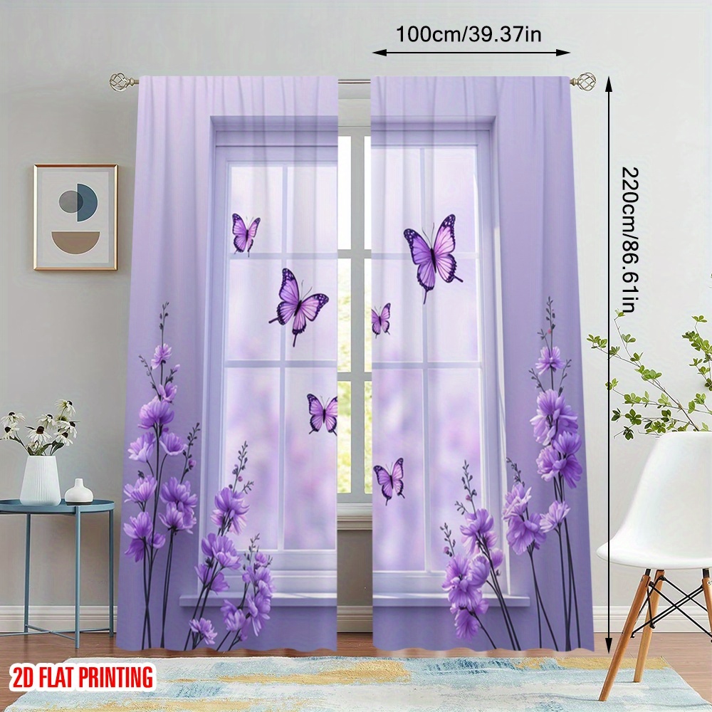 TEMU 2d Flat, 2pcs 2d Flat Printing Window Drapes Purple Butterflies Flying Outside Polyester Without Electricity 0 For Office, 2d Flat